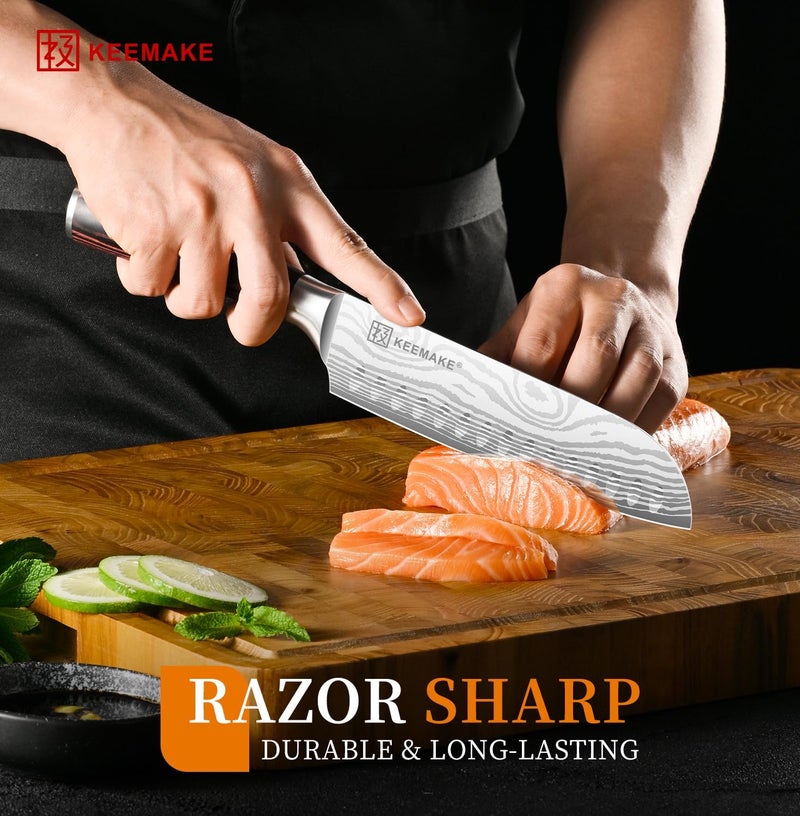 KEEMAKE 7 Inch Japanese Santoku Knife, Ultra-Sharp 1.4116 High Carbon Steel Blade with Pakkawood Handle, Professional Chef's Knife for Kitchen w/Sheath and Gift Box - Image 2
